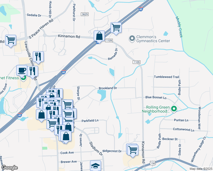 map of restaurants, bars, coffee shops, grocery stores, and more near 3310 Brookland Drive in Clemmons