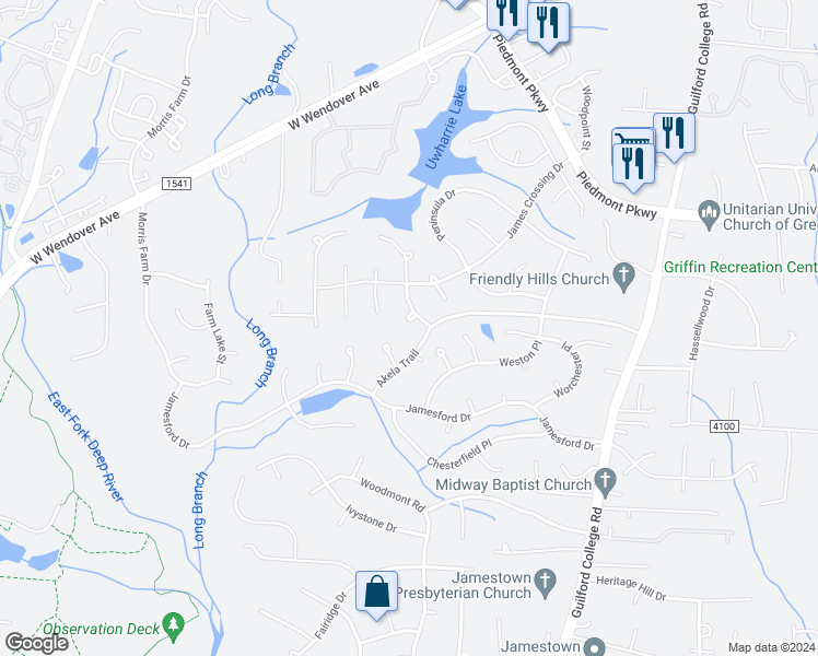 map of restaurants, bars, coffee shops, grocery stores, and more near 3003 Camp Ranger Lane in Jamestown