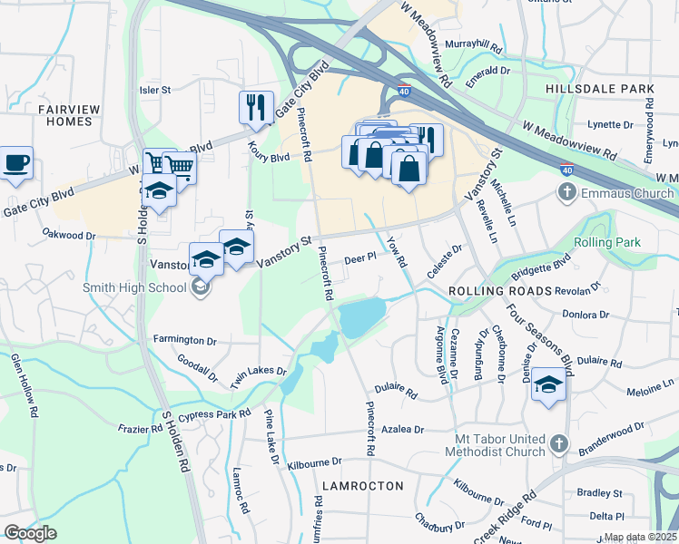 map of restaurants, bars, coffee shops, grocery stores, and more near 2227 Pinecroft Road in Greensboro