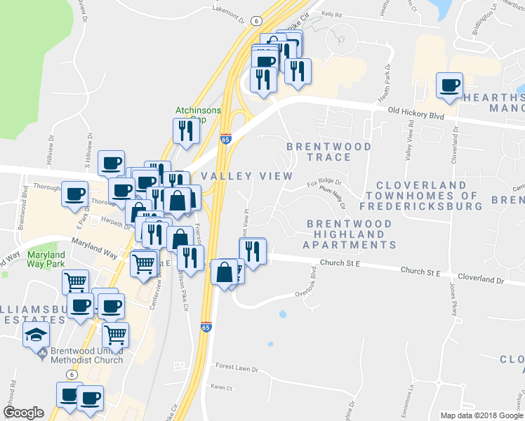 map of restaurants, bars, coffee shops, grocery stores, and more near 106 Villa View Court in Brentwood