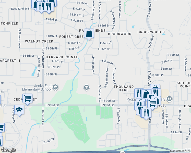 map of restaurants, bars, coffee shops, grocery stores, and more near 4106 East 88th Street in Tulsa