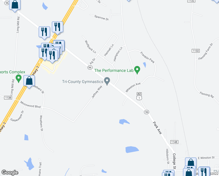 map of restaurants, bars, coffee shops, grocery stores, and more near 5221 North Carolina 96 in Youngsville