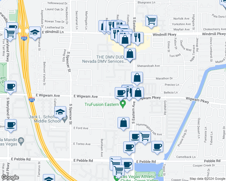 map of restaurants, bars, coffee shops, grocery stores, and more near 8480 South Via De Bella Sidra Court in Las Vegas