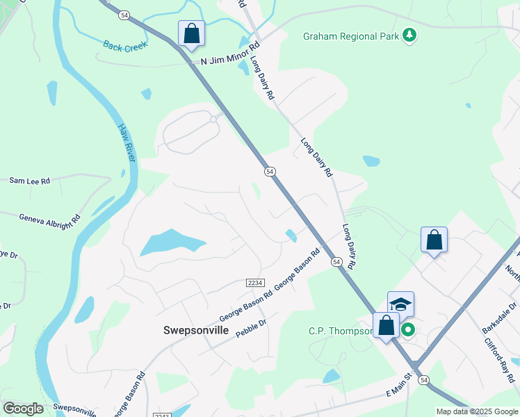 map of restaurants, bars, coffee shops, grocery stores, and more near 1501 Bentwood Drive in Graham