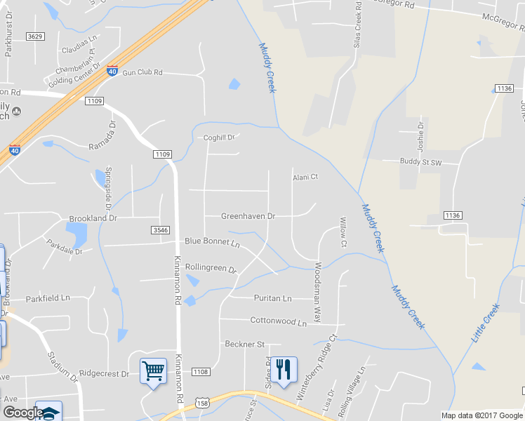 map of restaurants, bars, coffee shops, grocery stores, and more near 4700 Bridle Path in Winston-Salem