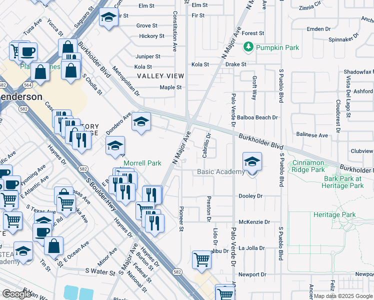 map of restaurants, bars, coffee shops, grocery stores, and more near 600 North Major Avenue in Henderson