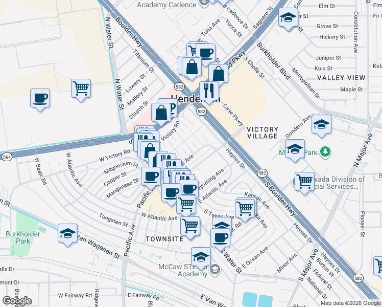 map of restaurants, bars, coffee shops, grocery stores, and more near 11 Montana Way in Henderson