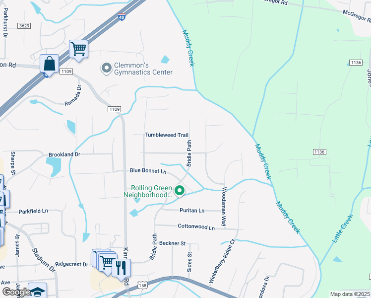 map of restaurants, bars, coffee shops, grocery stores, and more near 4700 Bridle Path in Winston-Salem