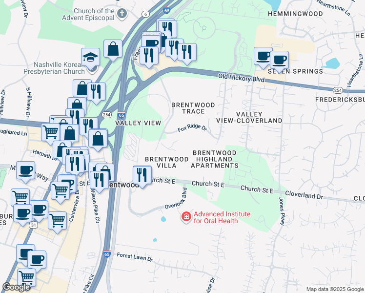map of restaurants, bars, coffee shops, grocery stores, and more near 201 Glenstone Circle in Brentwood