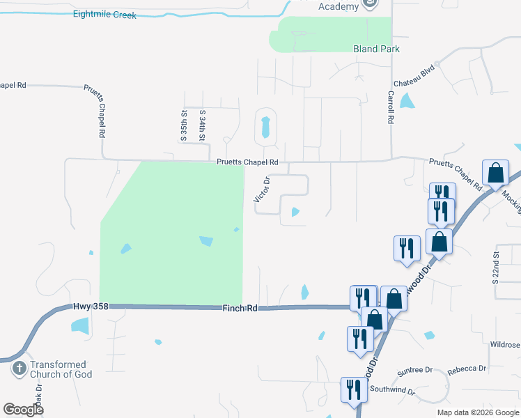 map of restaurants, bars, coffee shops, grocery stores, and more near 16 Victor Drive in Paragould