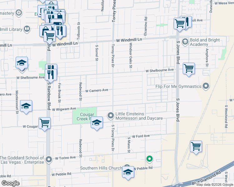 map of restaurants, bars, coffee shops, grocery stores, and more near 6480 Shawnee Springs Court in Las Vegas