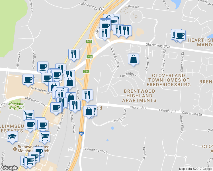 map of restaurants, bars, coffee shops, grocery stores, and more near 101 Villa View Court in Brentwood