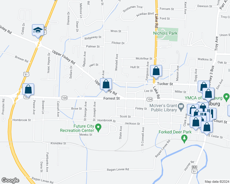 map of restaurants, bars, coffee shops, grocery stores, and more near 1014 Upper Finley Road in Dyersburg