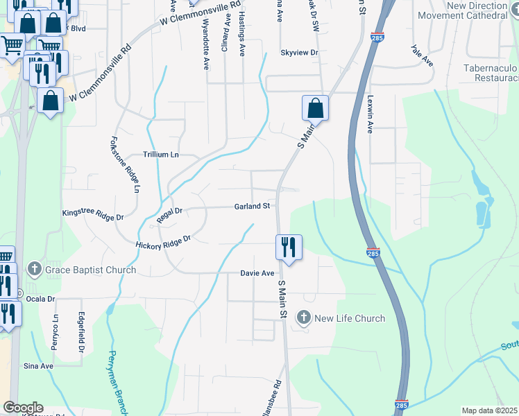 map of restaurants, bars, coffee shops, grocery stores, and more near 16 Garland Street in Winston-Salem