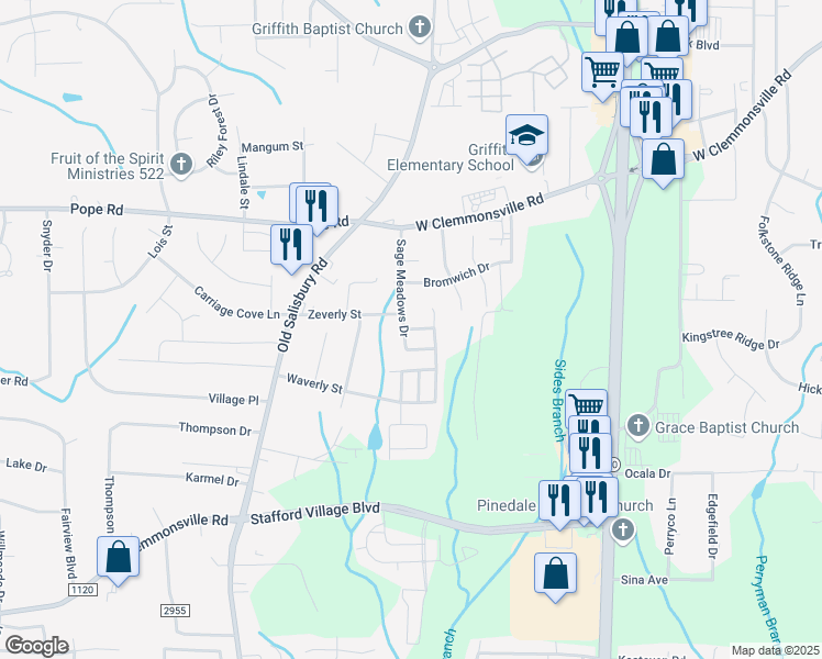 map of restaurants, bars, coffee shops, grocery stores, and more near Red Sage Road in Winston-Salem