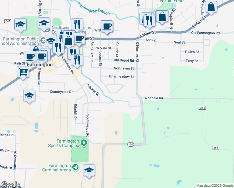 map of restaurants, bars, coffee shops, grocery stores, and more near 57 Dakota Trail in Farmington