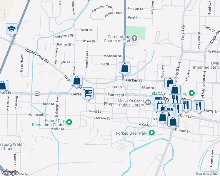 map of restaurants, bars, coffee shops, grocery stores, and more near 713 Lee Street in Dyersburg