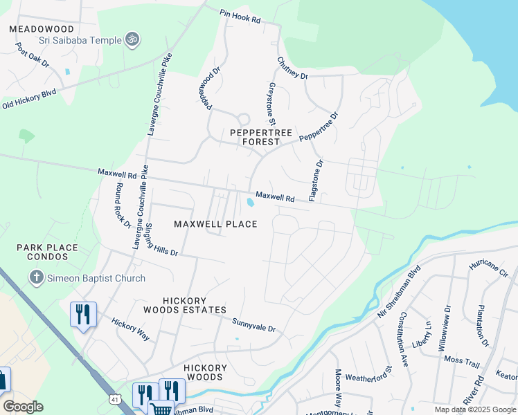 map of restaurants, bars, coffee shops, grocery stores, and more near 4277 Maxwell Road in Nashville