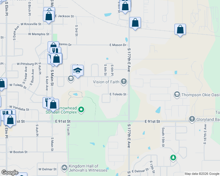 map of restaurants, bars, coffee shops, grocery stores, and more near 1717 South 6th Street in Broken Arrow