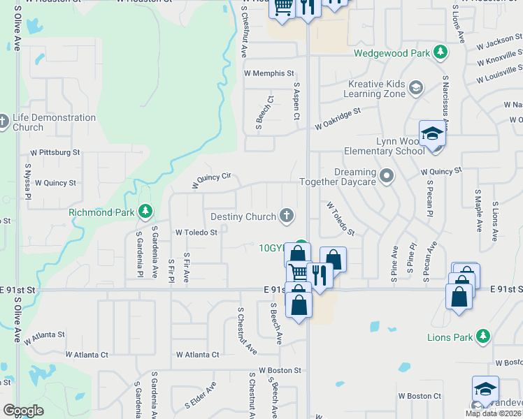 map of restaurants, bars, coffee shops, grocery stores, and more near 1621 South Chestnut Avenue in Broken Arrow