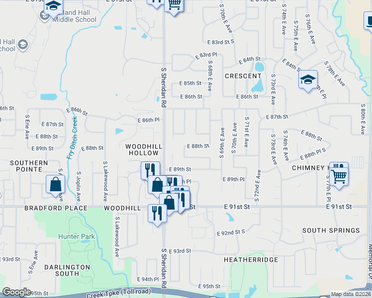 map of restaurants, bars, coffee shops, grocery stores, and more near 8809 South 66th East Avenue in Tulsa