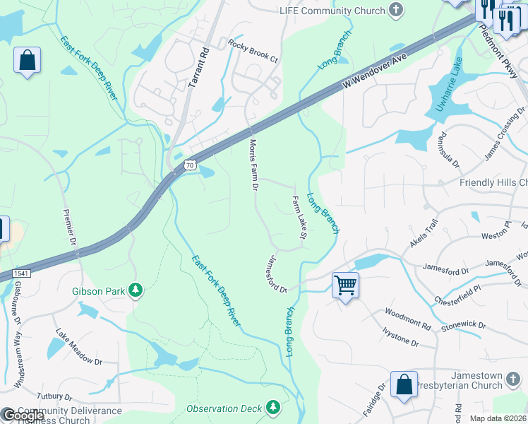 map of restaurants, bars, coffee shops, grocery stores, and more near 4405 Barndale Court in Jamestown