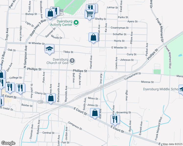 map of restaurants, bars, coffee shops, grocery stores, and more near 436 Victory Avenue in Dyersburg