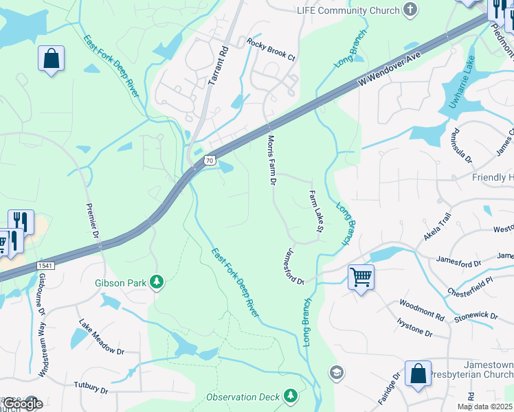 map of restaurants, bars, coffee shops, grocery stores, and more near 2503 Riverbend Rd in Jamestown