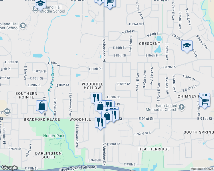 map of restaurants, bars, coffee shops, grocery stores, and more near 8802 South 65th East Place in Tulsa
