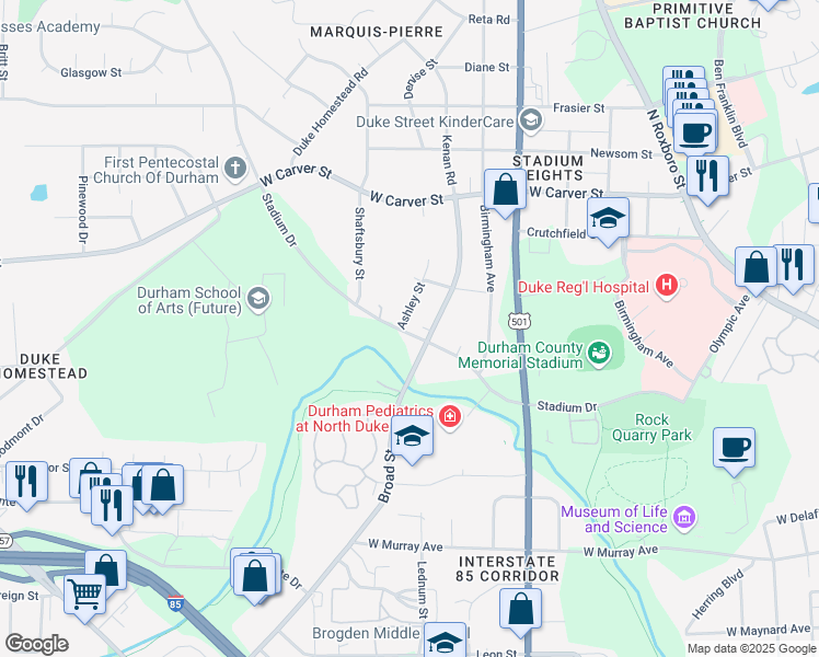 map of restaurants, bars, coffee shops, grocery stores, and more near 2700 Ashley Street in Durham