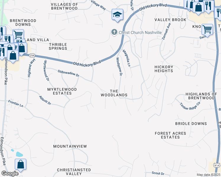 map of restaurants, bars, coffee shops, grocery stores, and more near 100 Brentwood Oaks Drive in Nashville