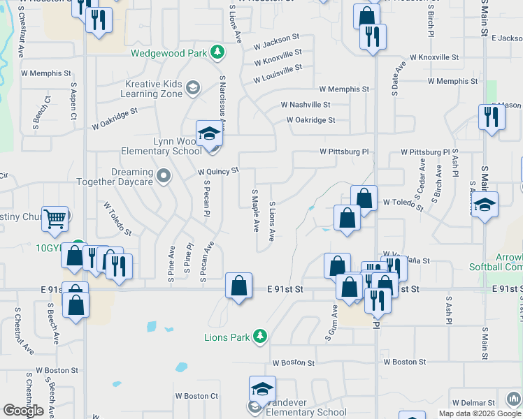 map of restaurants, bars, coffee shops, grocery stores, and more near 1716 South Maple Avenue in Broken Arrow