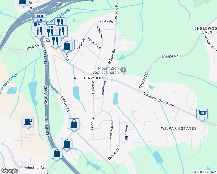 map of restaurants, bars, coffee shops, grocery stores, and more near 1303 Cartwright Drive in Greensboro