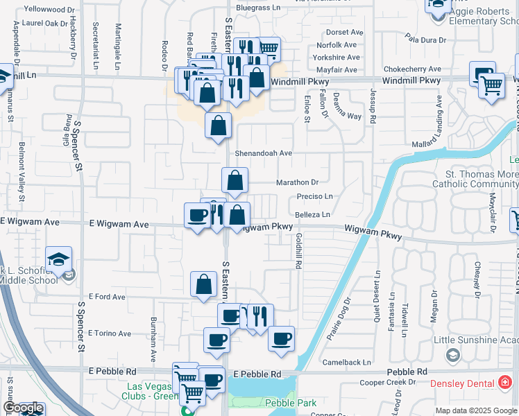 map of restaurants, bars, coffee shops, grocery stores, and more near 109 Gooseberry Lane in Henderson