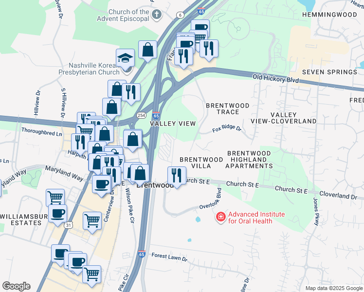 map of restaurants, bars, coffee shops, grocery stores, and more near 108 Villa View Court in Brentwood
