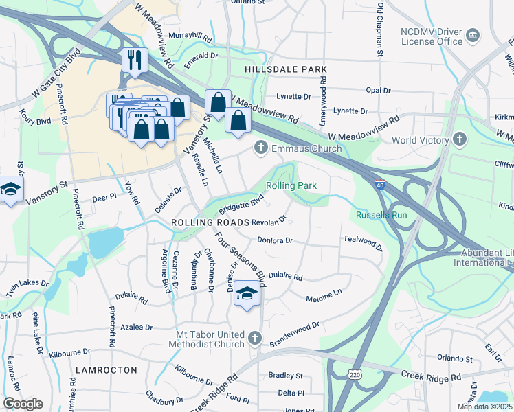 map of restaurants, bars, coffee shops, grocery stores, and more near 2303 Bridgette Boulevard in Greensboro