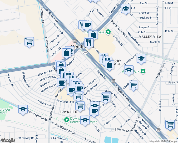 map of restaurants, bars, coffee shops, grocery stores, and more near 94 East Texas Avenue in Henderson