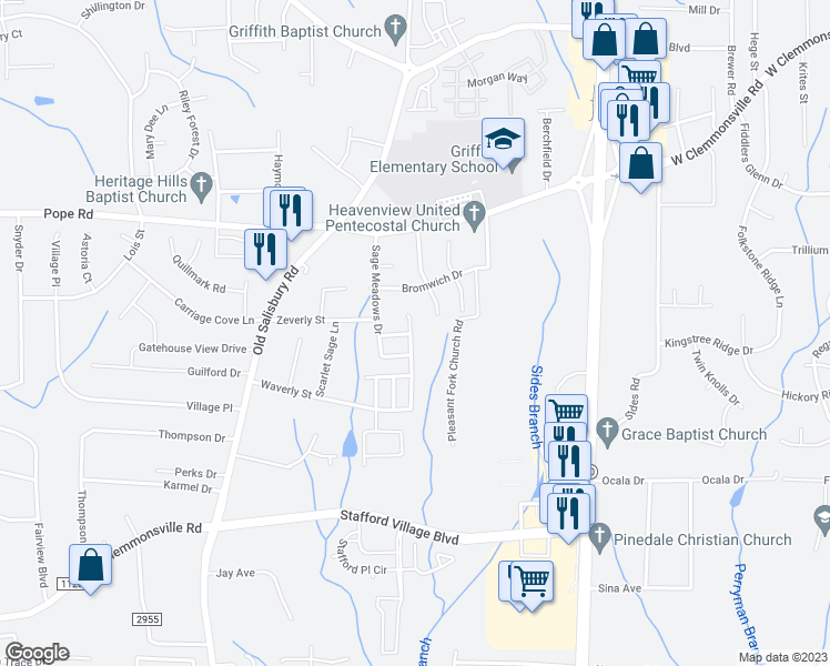 map of restaurants, bars, coffee shops, grocery stores, and more near 2248 Waverly Dell Drive Southeast in Winston-Salem