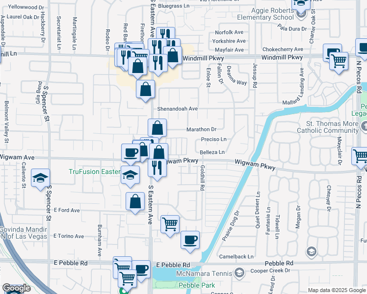 map of restaurants, bars, coffee shops, grocery stores, and more near 108 Huckleberry Lane in Henderson
