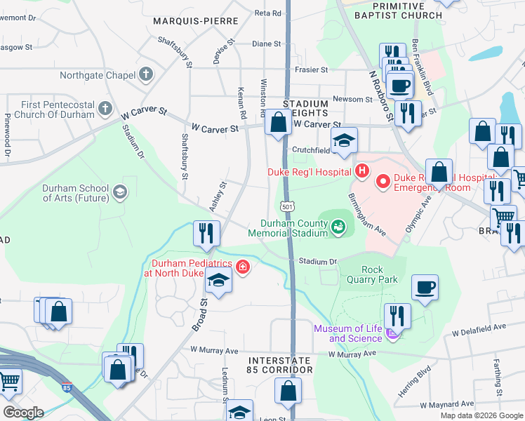 map of restaurants, bars, coffee shops, grocery stores, and more near 1817 Birmingham Avenue in Durham