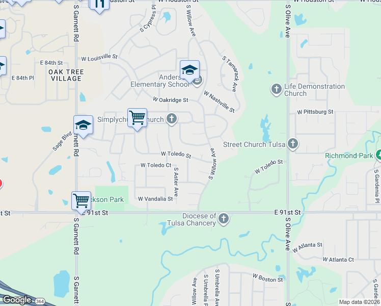 map of restaurants, bars, coffee shops, grocery stores, and more near 4224 West Toledo Street in Broken Arrow