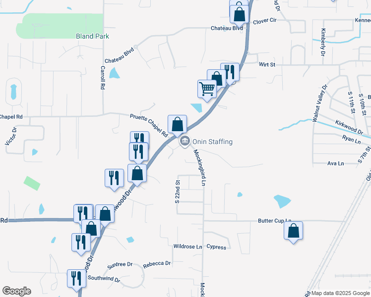 map of restaurants, bars, coffee shops, grocery stores, and more near 1908 Mockingbird Lane in Paragould