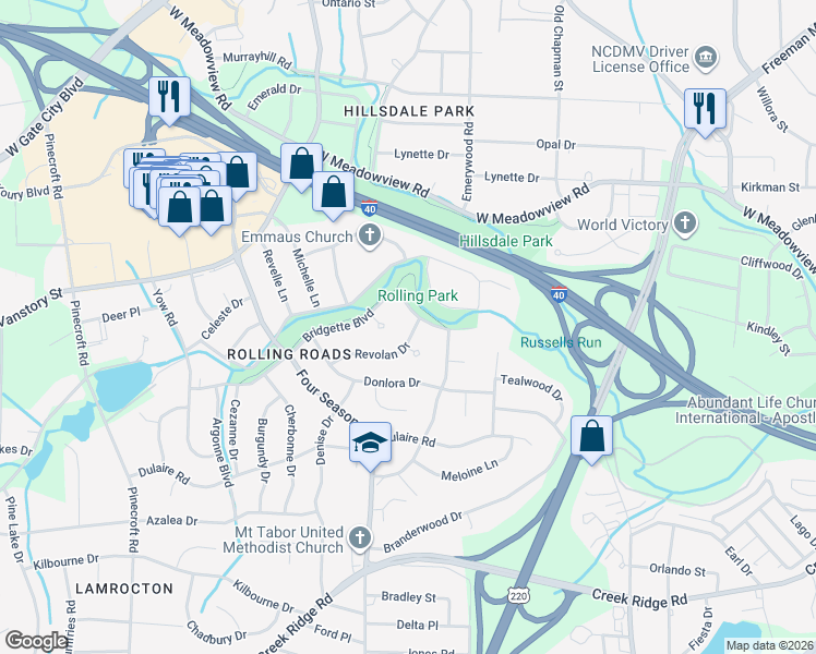 map of restaurants, bars, coffee shops, grocery stores, and more near 2202 Revolan Drive in Greensboro