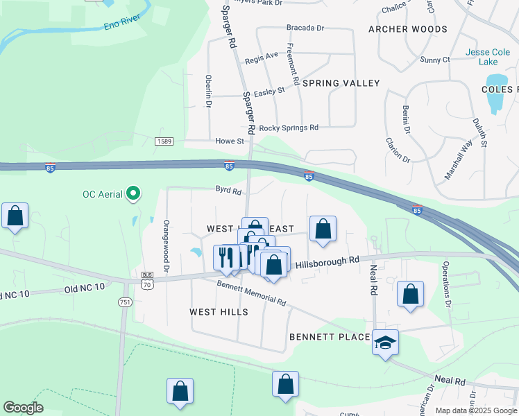map of restaurants, bars, coffee shops, grocery stores, and more near 2408 Sparger Road in Durham