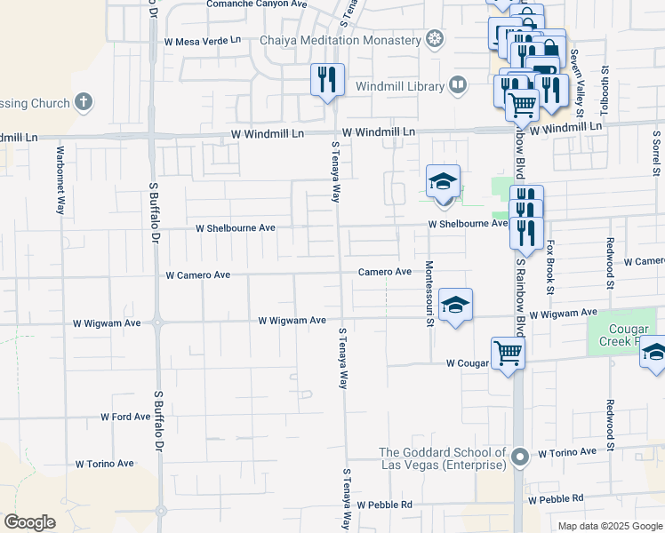 map of restaurants, bars, coffee shops, grocery stores, and more near 7354 West Camero Avenue in Las Vegas