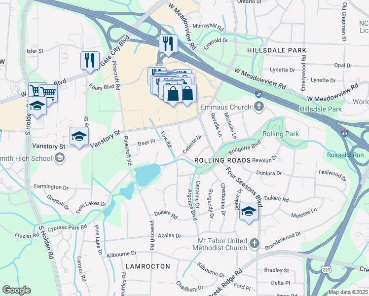 map of restaurants, bars, coffee shops, grocery stores, and more near 2512 Celeste Drive in Greensboro