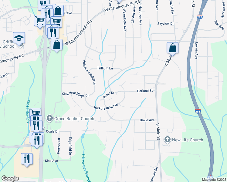 map of restaurants, bars, coffee shops, grocery stores, and more near 532 Regal Drive in Winston-Salem