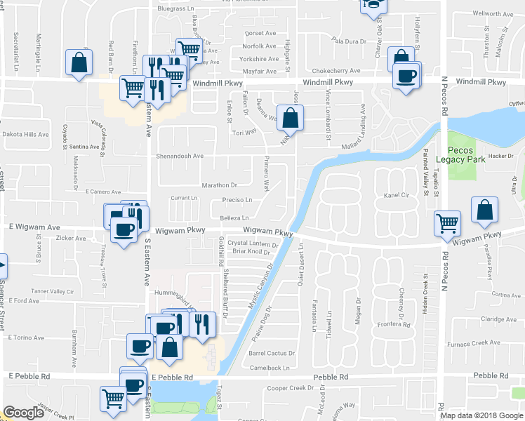 map of restaurants, bars, coffee shops, grocery stores, and more near 108 Elegante Way in Henderson