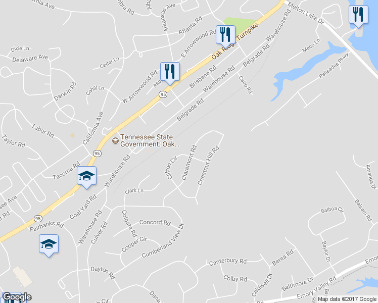 map of restaurants, bars, coffee shops, grocery stores, and more near 125 Claremont Road in Oak Ridge