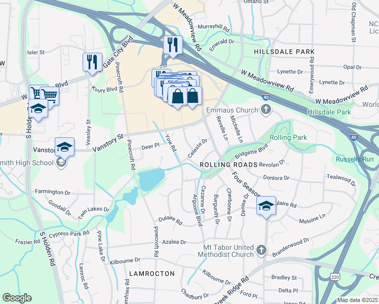 map of restaurants, bars, coffee shops, grocery stores, and more near 2512 Celeste Dr in Greensboro